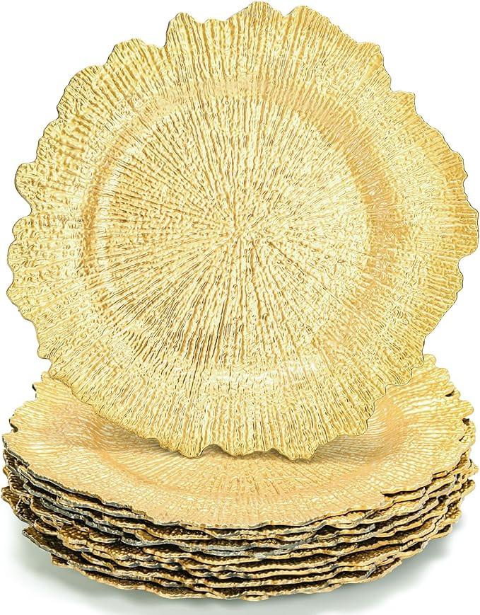 WUWEOT 12 Pack 13" Gold Charger Plates, Plate Chargers with Flora Reef Design, Plastic Round Ruff... | Amazon (US)