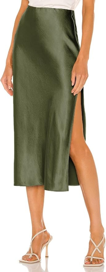 Womens Satin Silk High Waist Slit Midi Skirt Elastic Waistband Midi Skirts for Women | Amazon (US)