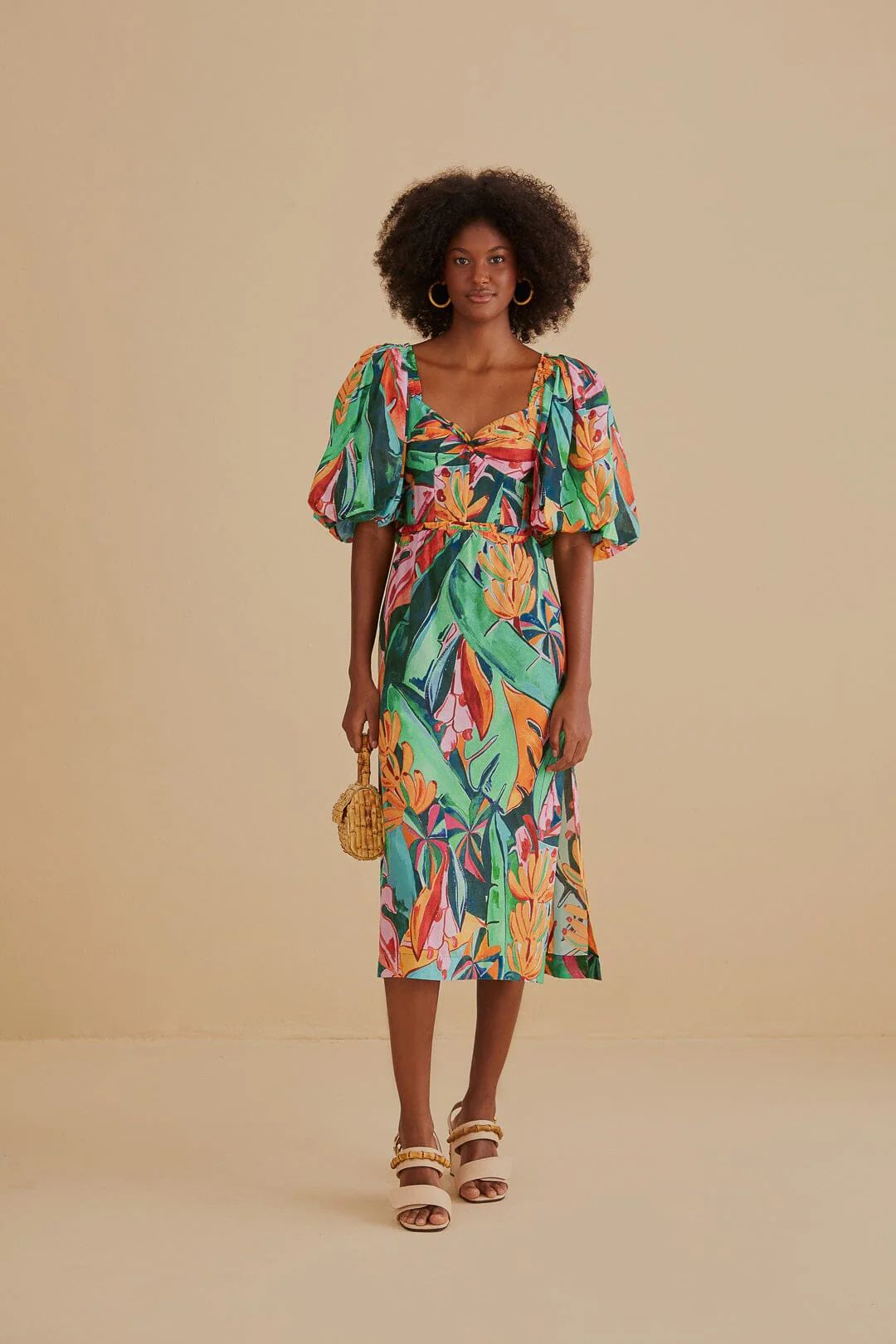 Multicolor Banana Foliage Puff Sleeve Midi Dress | FarmRio