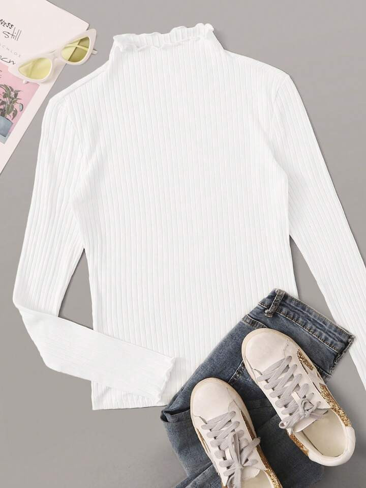 SHEIN EZwear Spring Dress Ribbed Mock Neck Lettuce-Edge Top | SHEIN