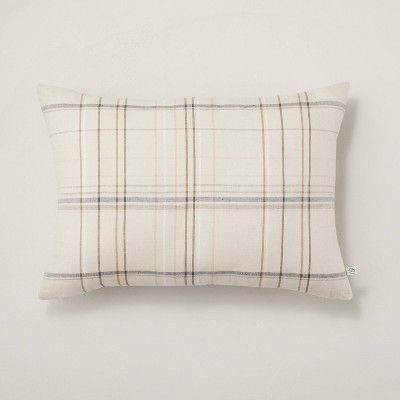 14" x 20" Thin Stripe Plaid Lumbar Throw Pillow Beige/Navy/Brown - Hearth & Hand™ with Magnolia | Target