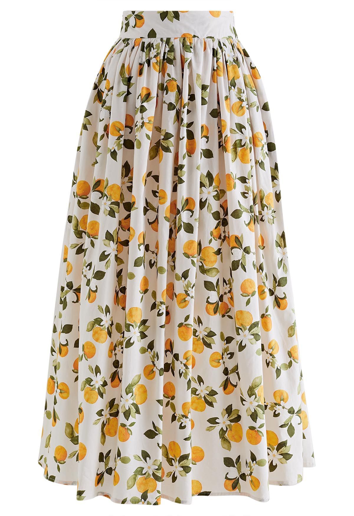 Refreshing Orange Printed Maxi Skirt in Ivory | Chicwish