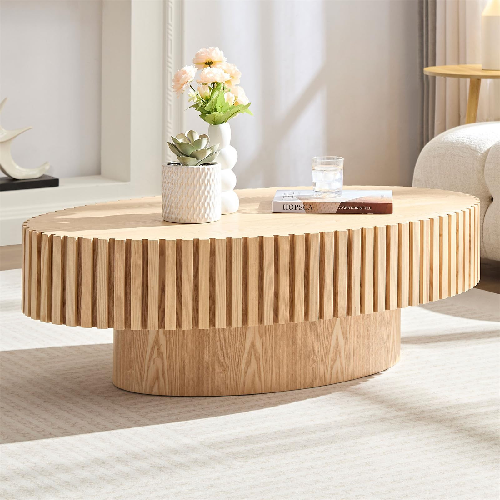 Oval Drum Coffee Table Handcrafted Relief Sturdy Pedestal Wooden Olive-Shaped Tea Table for Living Room,Natural Ash, 43.7''L×24.8''W×13.38''H | Amazon (US)