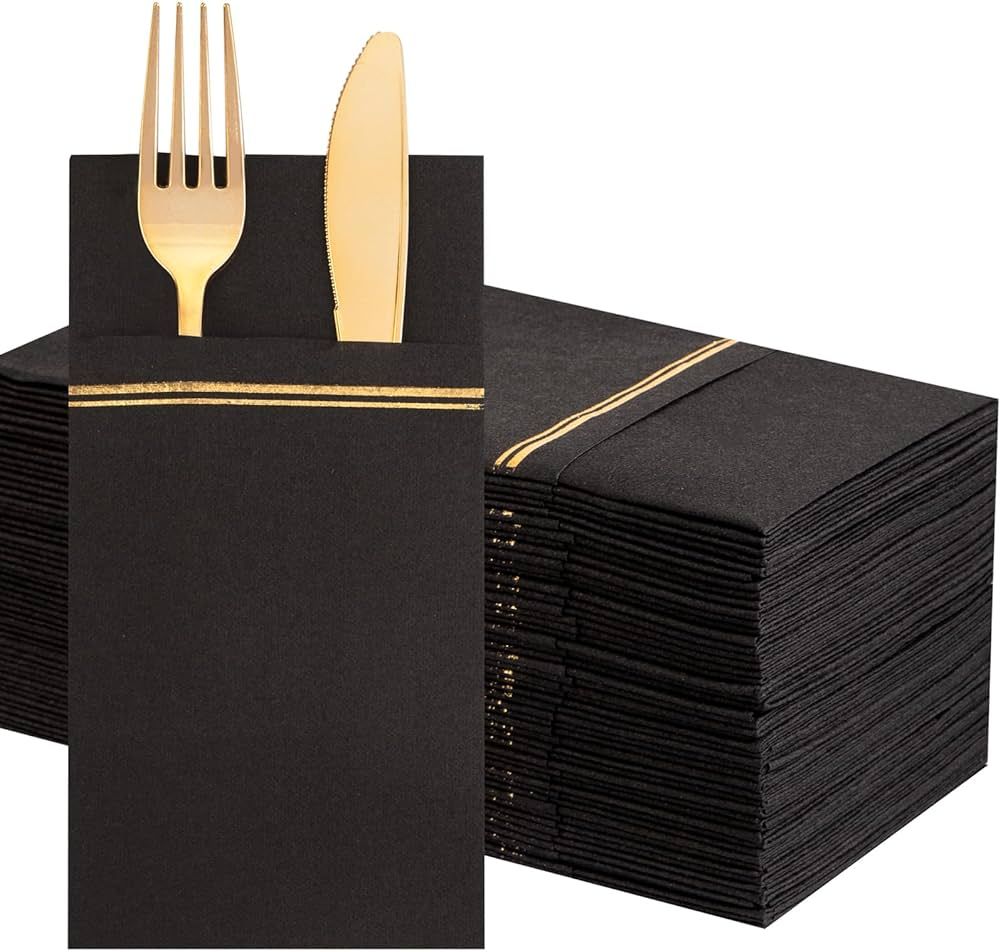 Amazon.com: Nervure 100PCS Black Paper Napkins with Built-in Flatware Pocket - Black and Gold Pre... | Amazon (US)