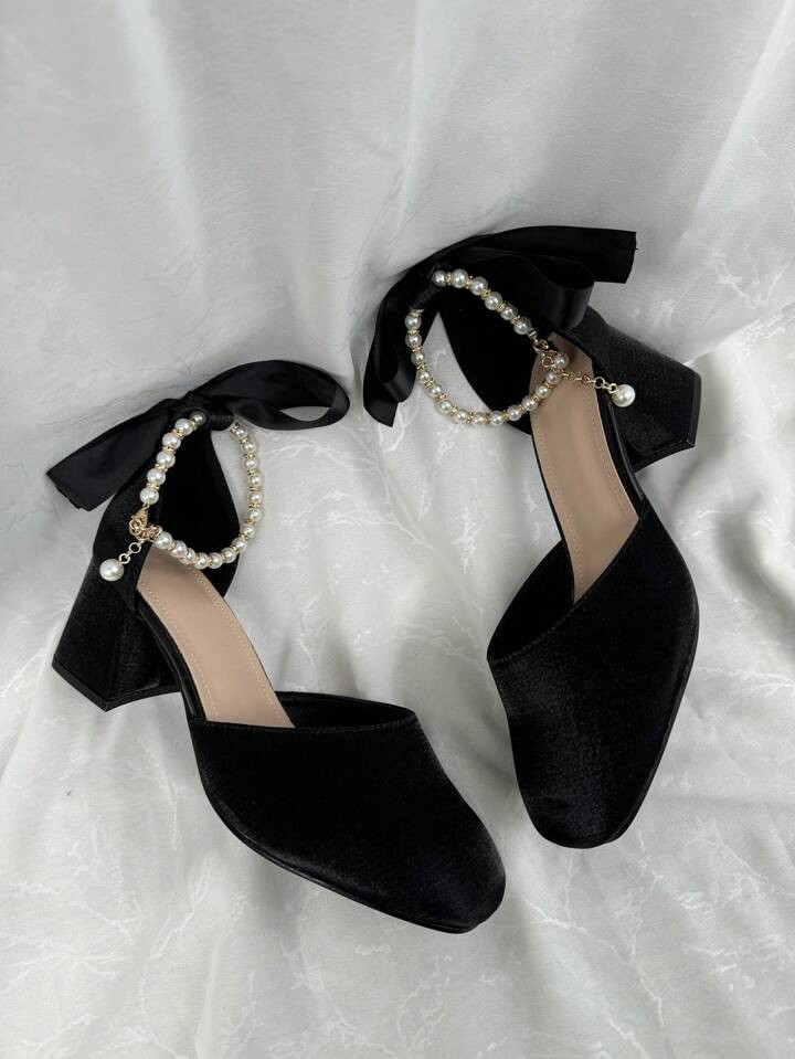 Girls' Square Toe Fashion Heels, Elegant And Comfortable Soft Material, Ribbon & Pearl Design, Basic Style Suitable For Various Occasions | SHEIN