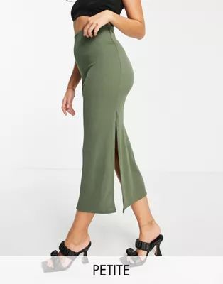 Flounce London Petite ribbed midi skirt with side splits in khaki - part of a set | ASOS (Global)