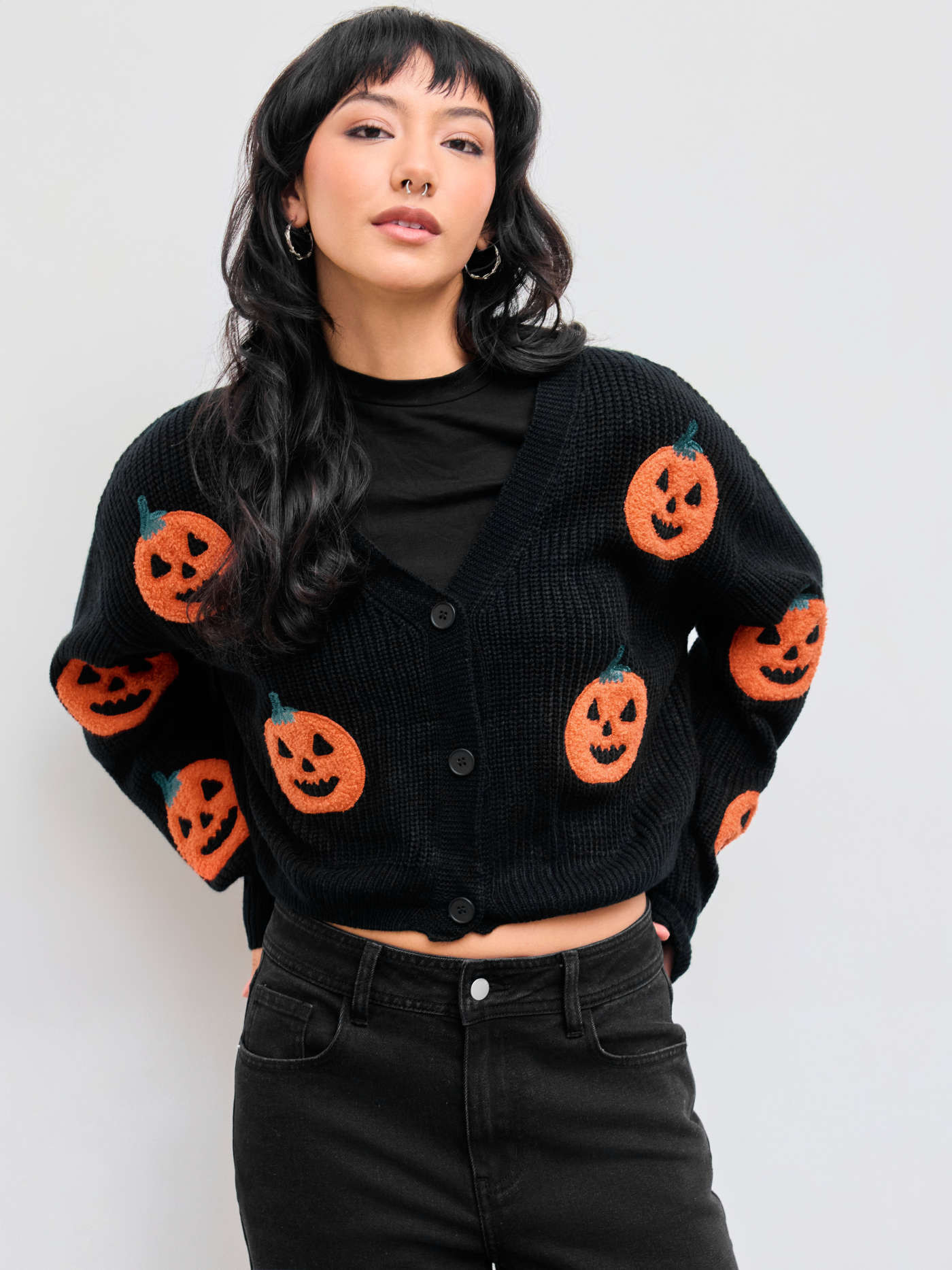 Halloween Outfits Halloween Pumpkin Sweater Knit Fabric Knitted V-neck Pumpkin Button Cardigan Fo... | Cider