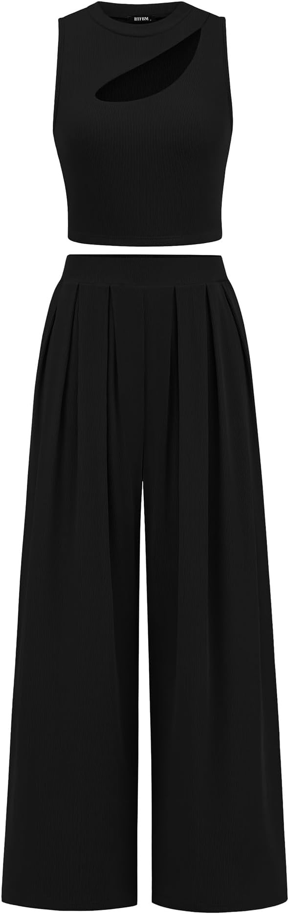 BTFBM Women 2 Piece Outfits Spring Summer Tracksuits Mock Neck Sleeveless Cutout Crop Top Wide Le... | Amazon (US)