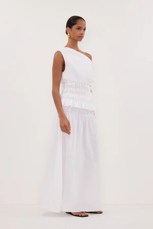 MAIA WHITE LINEN SHIRRED MIDI SKIRT | DISSH