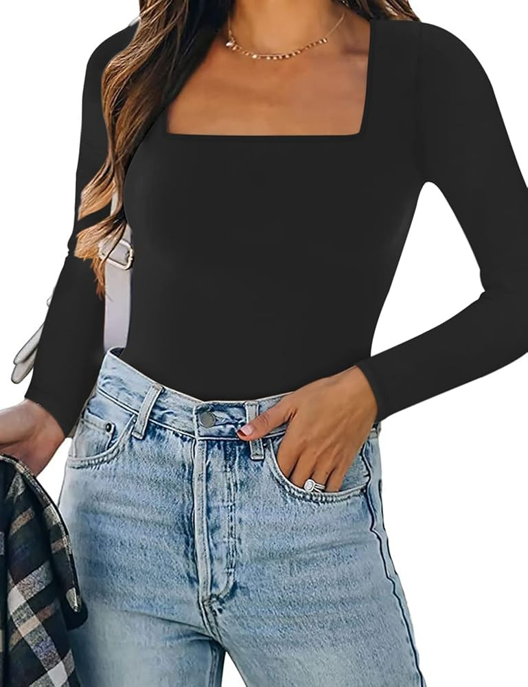 SAUNGKUAI Women's Long Sleeve Square Neck Thong Bodysuit Tops | Amazon (US)