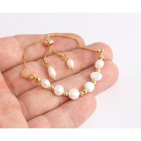 7"" 24K Shiny Gold Pearl Bracelet, White Adjustable Beaded Bracelet With Beads, Plated Bracelets, Ch | Etsy (US)