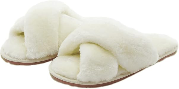 Women's Fuzzy Cross Band House Slippers Soft Plush Furry Fur Open Toe Cozy Memory Foam Winter War... | Amazon (US)