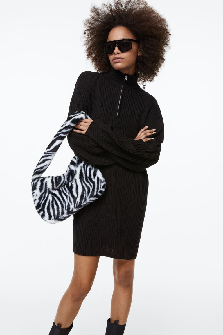 Zip-top rib-knit dress - Black - Ladies | H&M GB | H&M (UK, MY, IN, SG, PH, TW, HK)