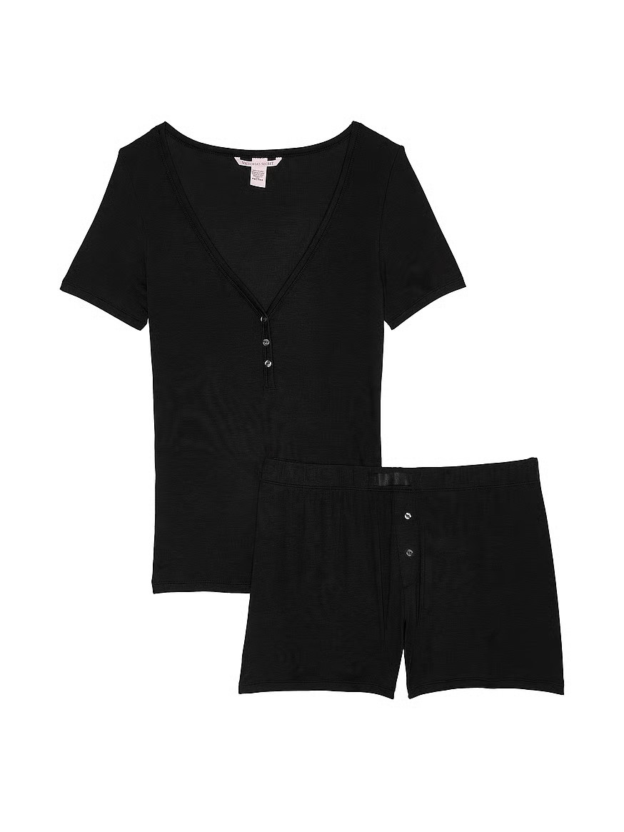 Buy Ribbed Modal Short-Sleeve Henley & Boxer Shorts Set, Black - Order Pajamas Sets online - Vict... | Victoria's Secret (US / CA )