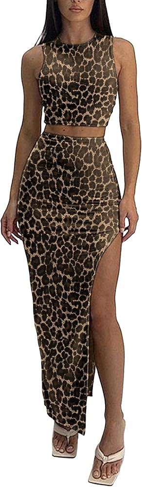ELLEVEN Sexy 2 Piece Maxi Skirt Sets for Women - Knit Bodycon Crop Tank Top and High Slit Skirt D... | Amazon (US)