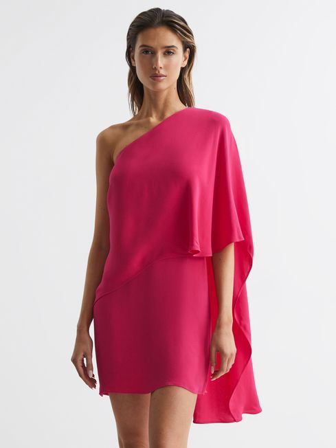 Reiss Bright Pink Blake One Shoulder Cape Mini Dress | Reiss US