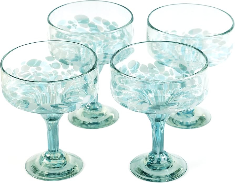 Handmade con Amor 16 oz Hand Blown Mexican Margarita Glasses Set of 4 - Ocean-Blue Confetti | Amazon (US)