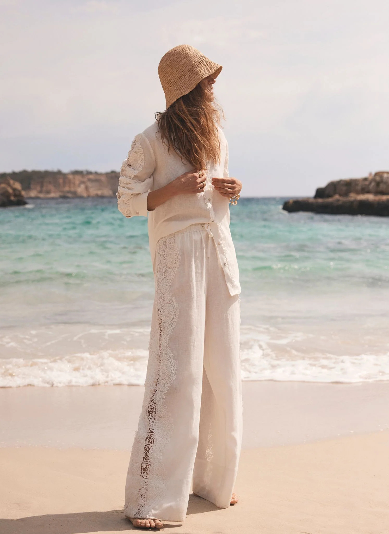 White Linen Lace Trim Wide Trousers | Mint Velvet