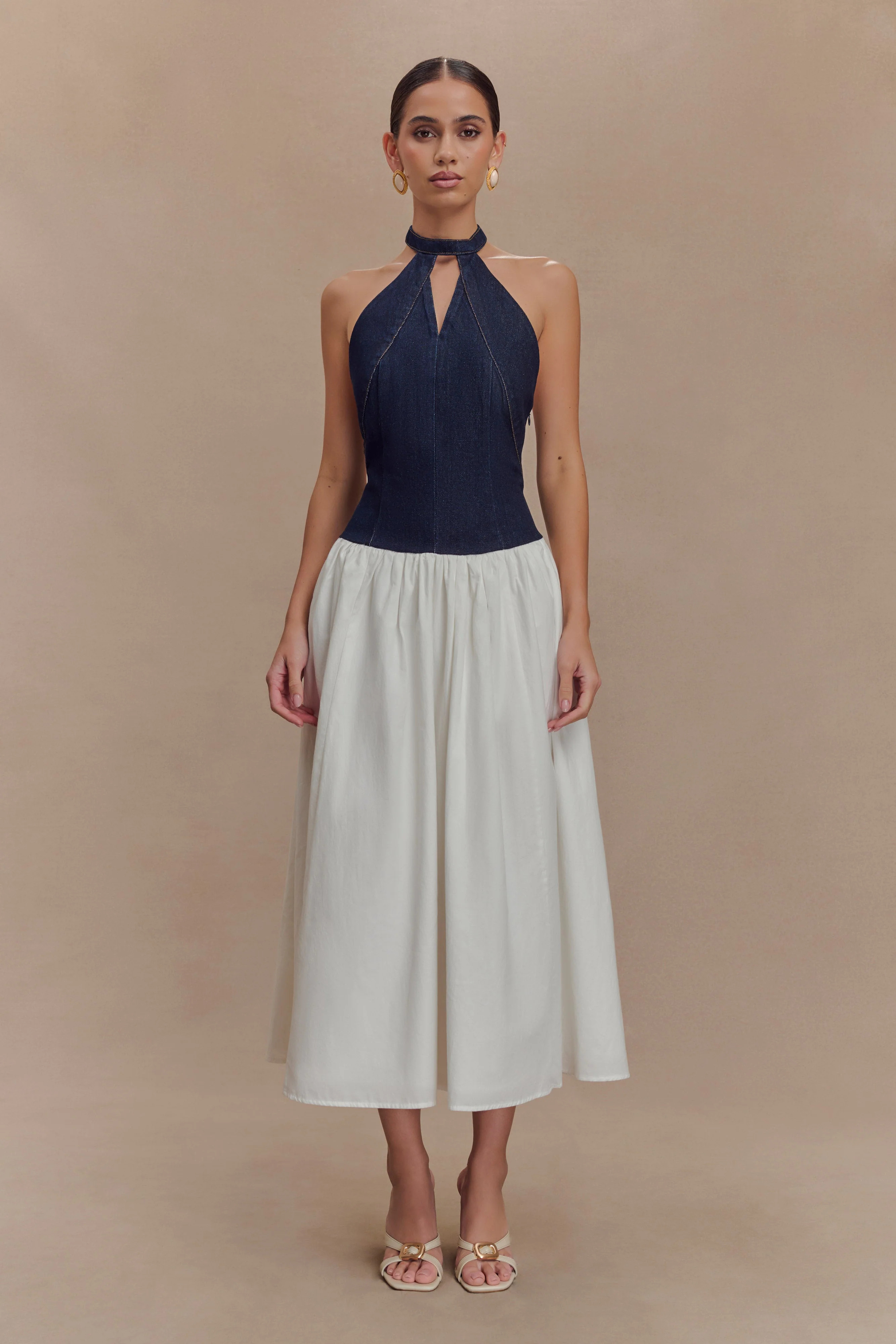 Denim Cotton Midi Dress - Indigo Blue | MESHKI US