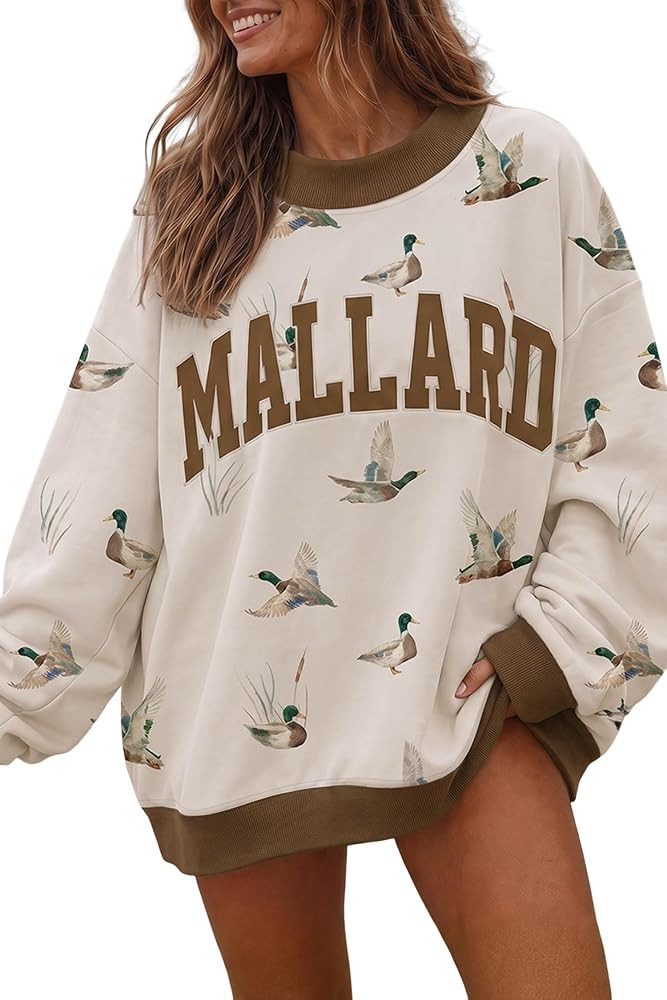 Women Beige Western Mallard Letter Print Baggy Pullover Sweatshirt | Amazon (US)