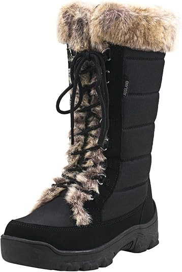 AUSLAND Women's Black Winter Snow Boots Twin Peaks Fur Cuff Mid-Calf Waterproof Lace Up Boots | Amazon (US)