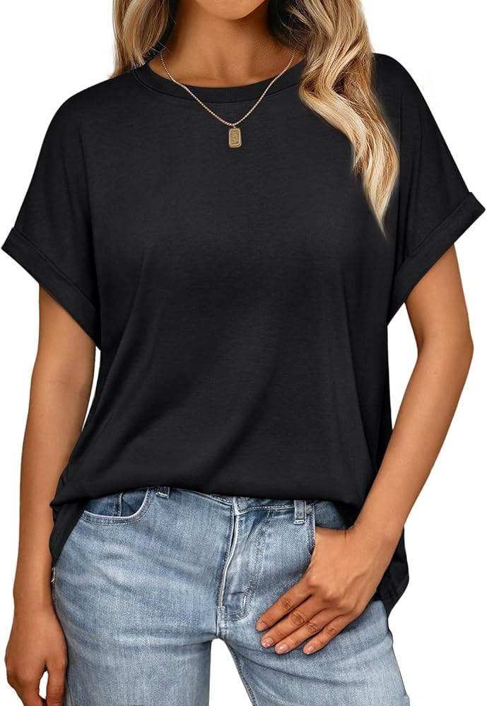 AUTOMET Women's Oversized Short Sleeve T Shirts Casual Drop Shoulder Rolled Cuff Summer Tops for ... | Amazon (US)