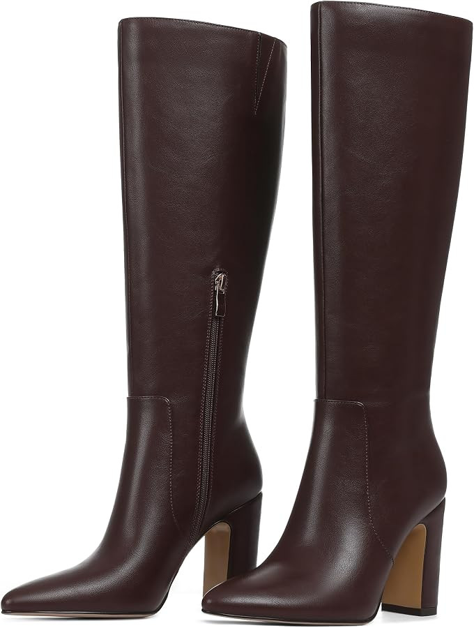 LinnOaks Women Knee High Boots Chunky Heel Wide Calf Leather Pointed Toe Side Zipper Fashion Part... | Amazon (US)