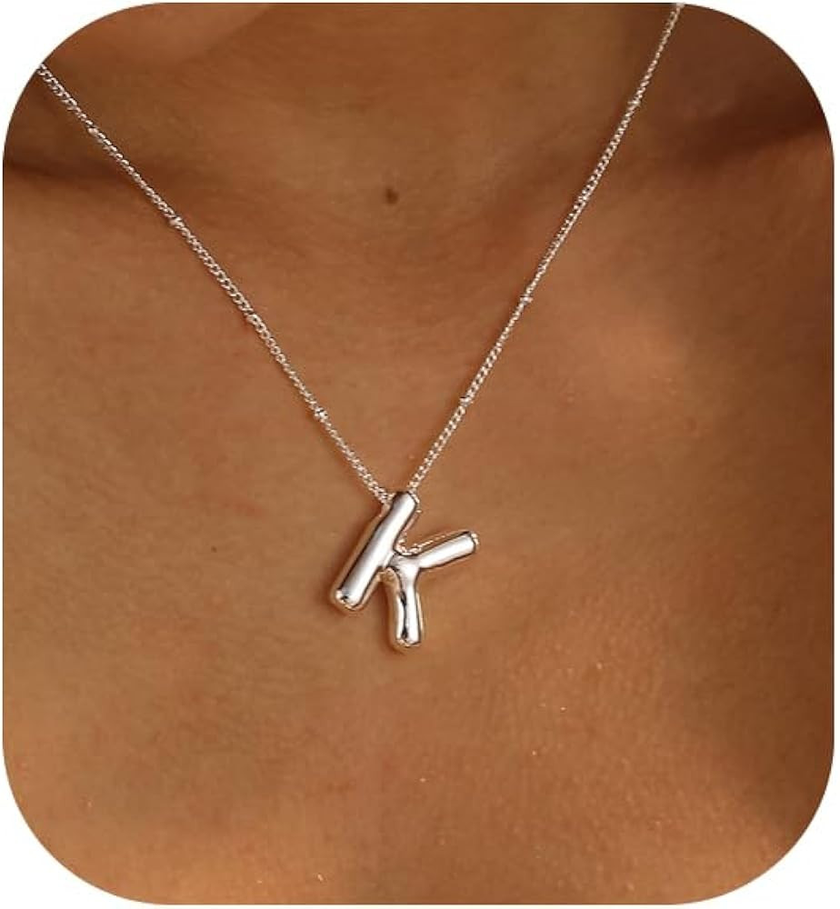 Gold Bubble Letter Necklace for Women, 14k Gold Plated Balloon Initial Letter Pendant Necklace Da... | Amazon (US)