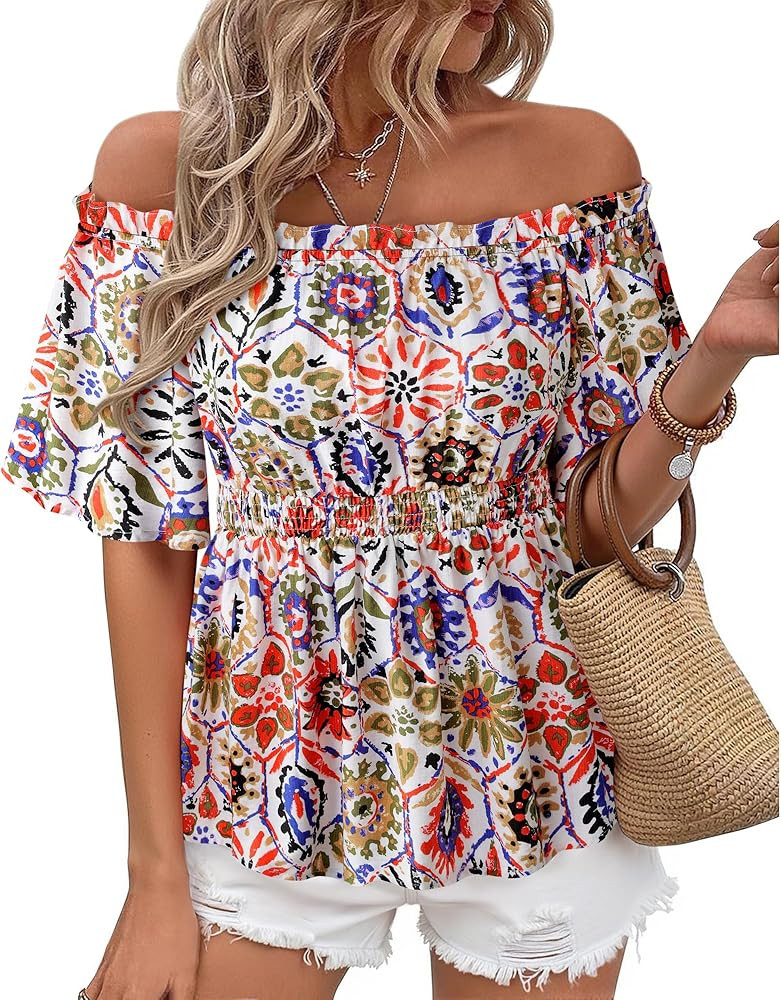 Bebonnie Women's Summer Sexy Off The Shoulder Peplum Tops Ruffle Sleeve Dressy Blouses | Amazon (US)