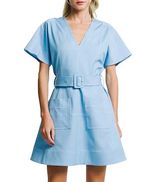 Polly Faux Denim V-Neck Short Sleeve Mini Dress | Dillard's