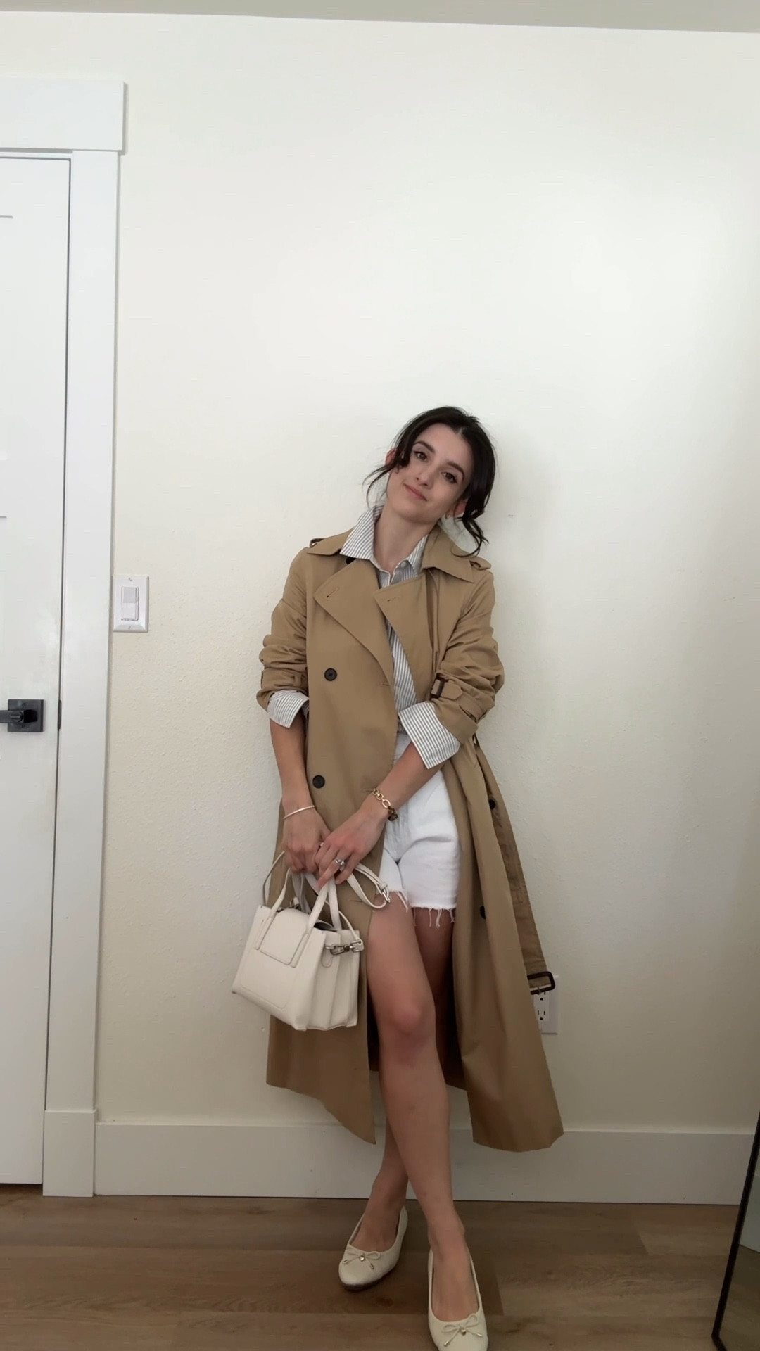 Top XS 
Shorts 25 (size up) 
Trench XXS 
Flats tts 
Use code elana25 for the purse! 

#LTKootd #LTKmomlife #LTKPetite