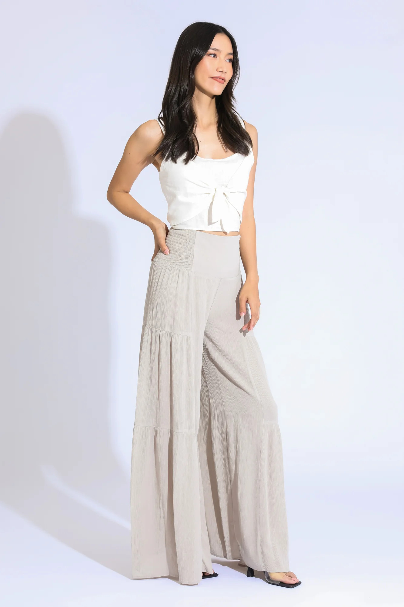 Tie Waist Tiered Wide Leg Pant - Light Sand | ReWash
