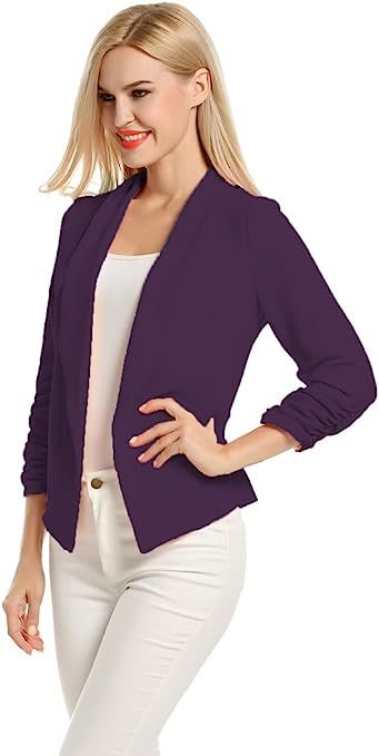 POGTMM Women 3/4 Sleeve Blazer Open Front Cardigan Jacket Work Office Blazer | Amazon (US)