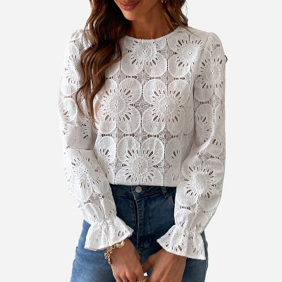 Women's Long Sleeve Embroidered Floral Eyelet Blouse Shirt -Cupshe-XL-White | Target