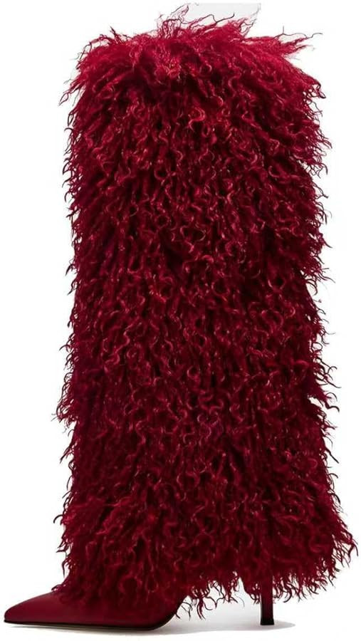 XBKXMK Fur Knee High Boots for Women Pointed Toe Stiletto Heel Fold Over Tall Boots Fashion Wide ... | Amazon (US)