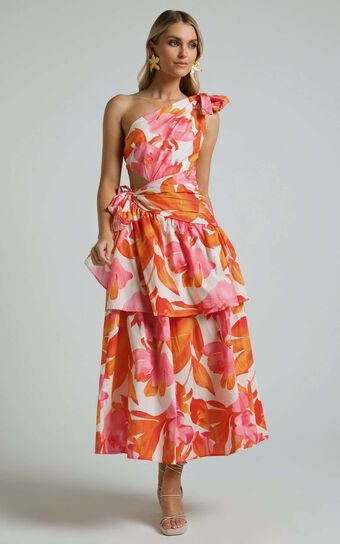 Honolulu Midi Dress - One Shoulder Tiered Dress in Orange Floral | Showpo (US, UK & Europe)