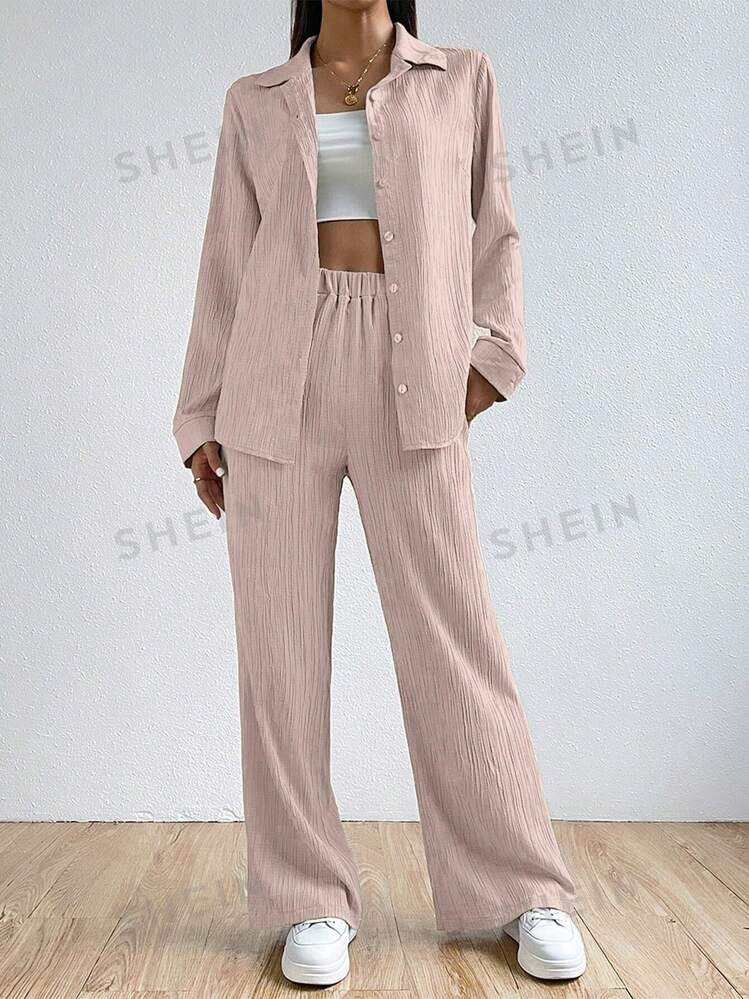 TrendsSHEIN EZwear Solid Color Textured Button-Up Embroidered Shirt And Straight-Leg Pants | SHEIN