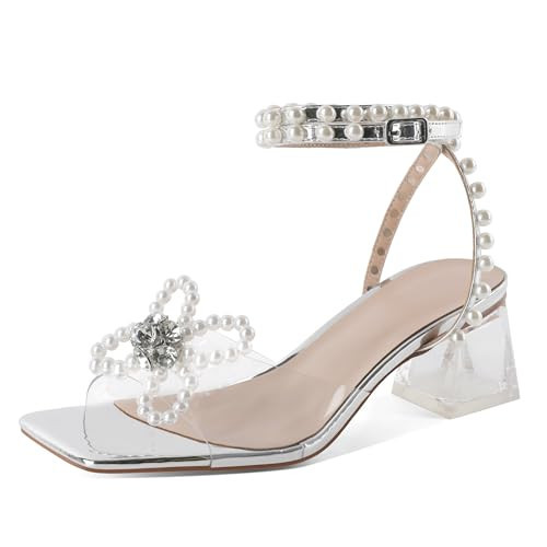 Joseywade Pearl Shoes For Women Bow Heels Clear Sparkly Rhinestone Pearl Low Block Heels Open Square Toe Ankle Strap Wedding Brides Bridal 2 Inch Sandals Metallic Silver US Size 12 | Amazon (US)