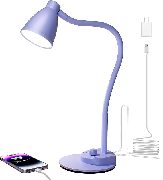 BOHON LED Desk Lamp with USB Charging Port, 3 Color Modes Dim, Lilac Purple | Reading Lamp, Auto ... | Amazon (US)