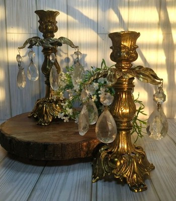 Hollywood Regency Style Ornate Gold cast Brass Candlestick Holders 2 VINTAGE 73 | eBay US