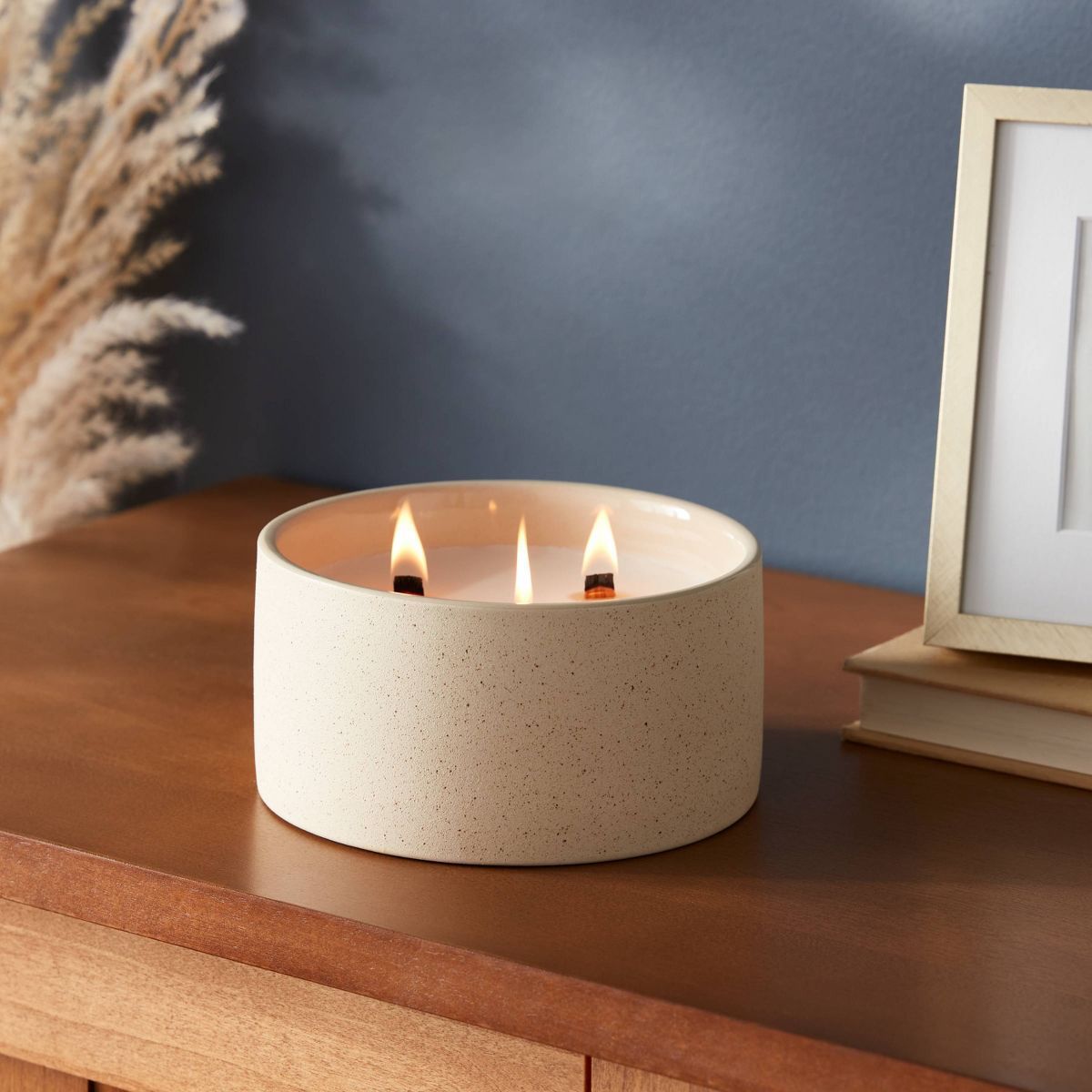 3-Wick 14oz Matte Textured Ceramic Wooden Wick Candle Ivory/Citron and Sands - Threshold™ | Target