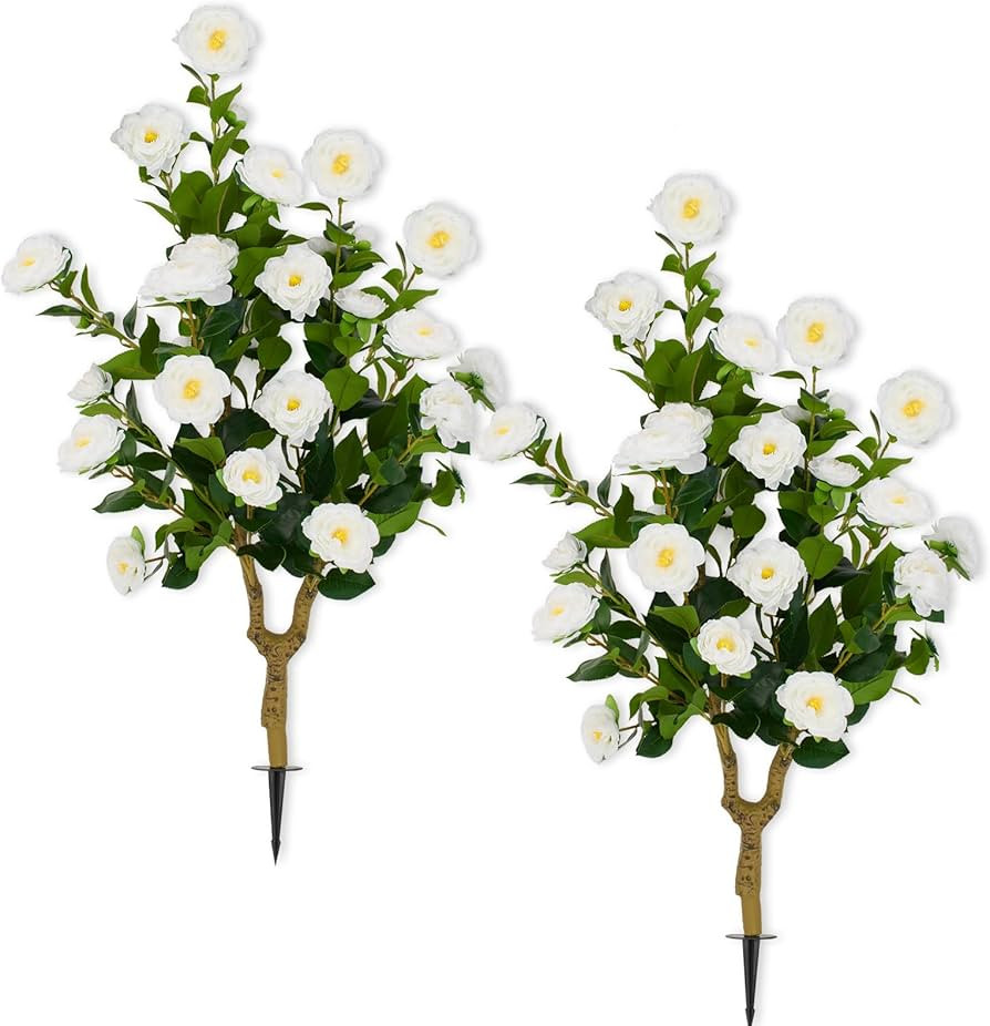 35.5" Artificial Camellia Tree Set of 2, White Faux Flower Tree, UV Resistant Fake Greenery with ... | Amazon (US)