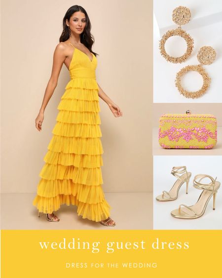 Vibrant yellow dress for a wedding guest , Lulus dresses on sale! Wedding guest outfit, black tie wedding guest, gold earrings. statement earrings, beaded clutch, gold sandals.Follow Dress for the Wedding for cute dresses, sale alerts, wedding style and decor! Visit us at dressforthewedding.com for more! 

#LTKSeasonal #LTKFindsUnder100 #LTKWedding