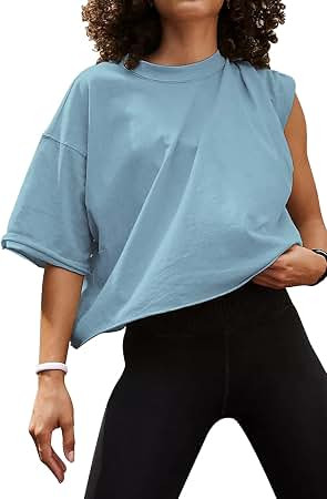HUGOOME Womens Oversized Workout Crop Top Casual Short Sleeve Boxy Roll Hem | Basic Half Split Sl... | Amazon (US)