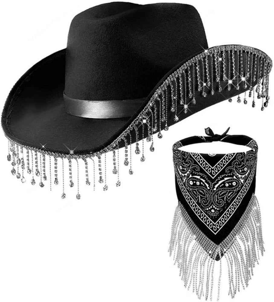 Cowgirl Hat with Silver Rhinestone Fringe Bandana Embellished for Women for Party Music Festival | Amazon (US)