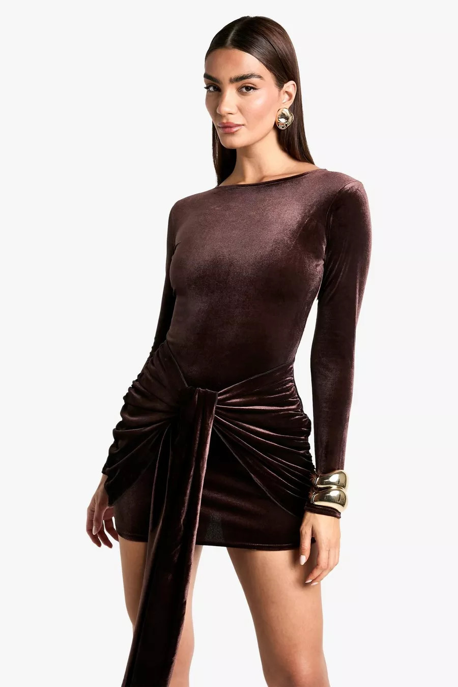 Velvet Tie Waist Long Sleeve Mini Dress | boohoo (US & Canada)
