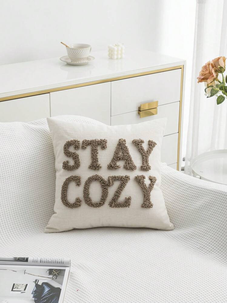 1pc Stay Cozy Phrase Embroidered Sherpa Throw Pillow Cover, Suitable For Beach Chairs, Living Roo... | SHEIN