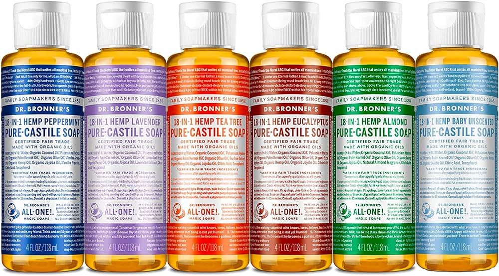 Dr. Bronner's Pure-Castile Liquid Soap Variety Pack (6 x 4 oz) - For Face, Body, Hair, Laundry, P... | Amazon (US)