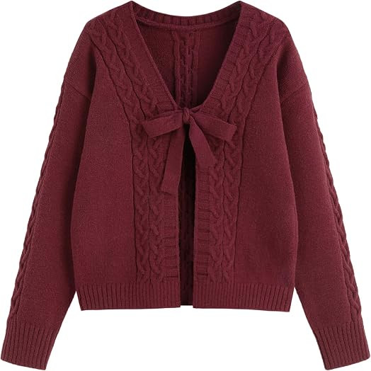 CIDER Women's Cable Knit Crop Cardigan Tie Front V Neck Long Sleeve Sweater | Amazon (US)