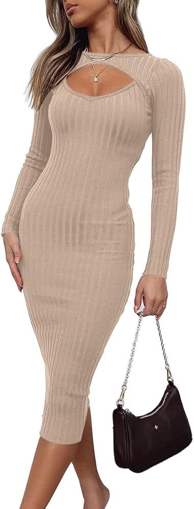 LILLUSORY Womens Fall Sexy Cutout Knee Length Bodycon Sweater Dress 2022 Casual Maternity Long Sl... | Amazon (US)